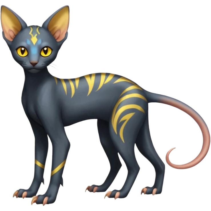 Lykoi-Electrike-Sphynx-Luxray-fusion-hybrid-animal-Fakémon-creature, full body, thin long sleek scaly tail, intricate markings emoji