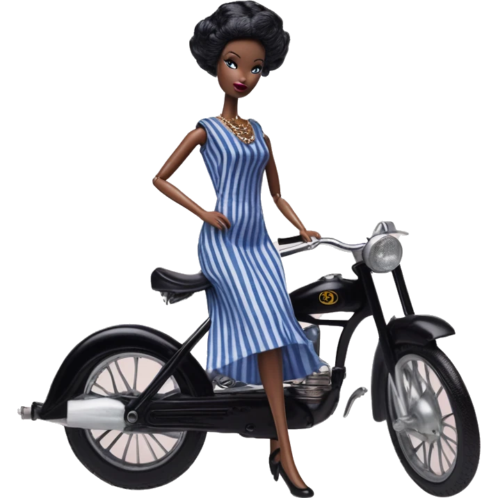 1920s coal hair Silkstone Marie Antoinette Barbie Wednesday Addams from academy in a blue and black vertically-striped classic dress. riding hot rod bikes with crows emoji
