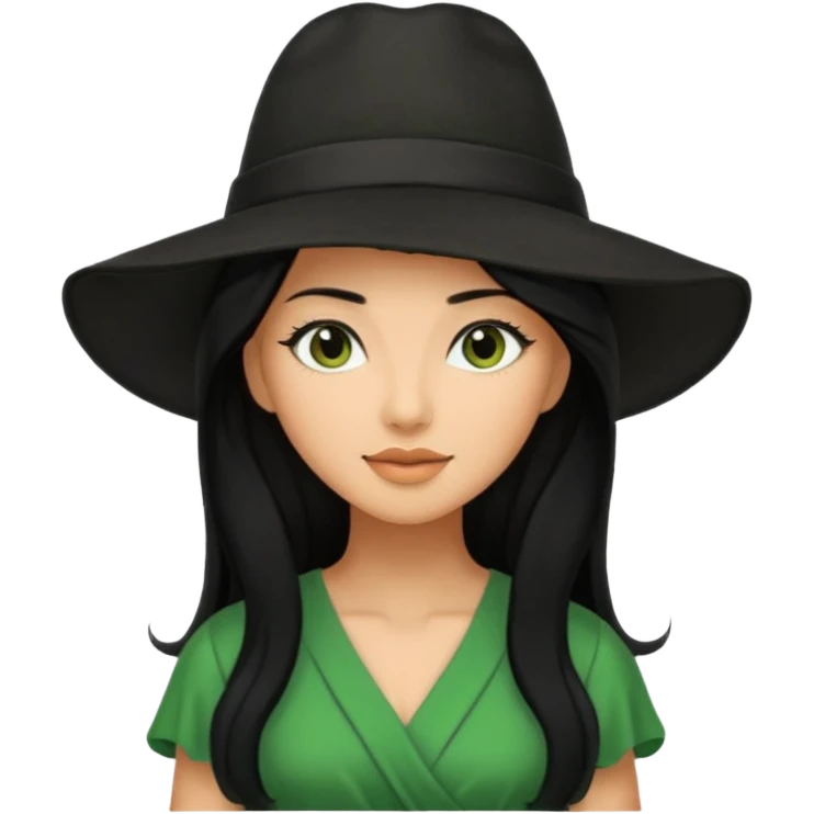 green dress black long hair black hat emoji