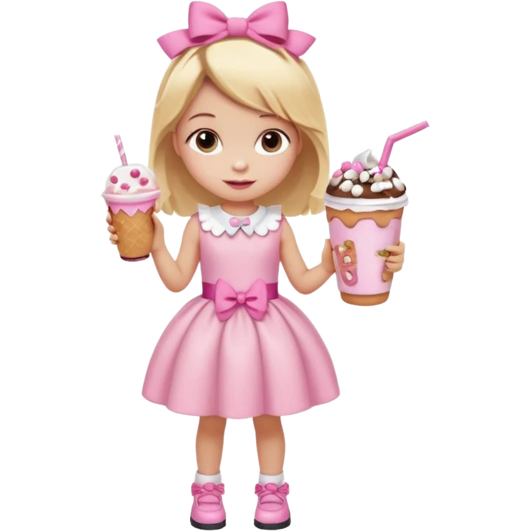 A little girl with a Dunkin' milkshake and a donut with pink frosting and marshmallows, wearing a pink coquette-style dress with bows and blonde hair. emoji
