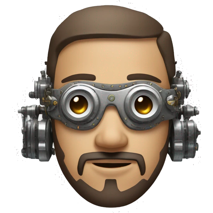 male cyborg head with brown short hair, brown beard, silver steampunk goggles and circuitry emoji