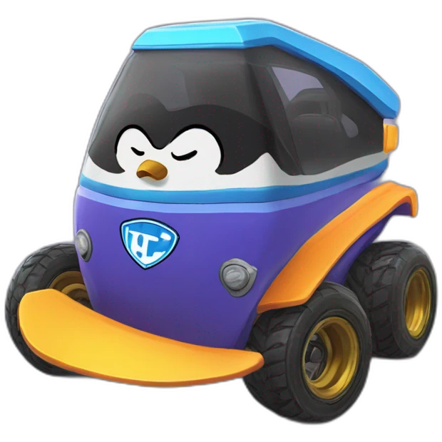 un pingouin qui conduit une voiture de rocket league emoji