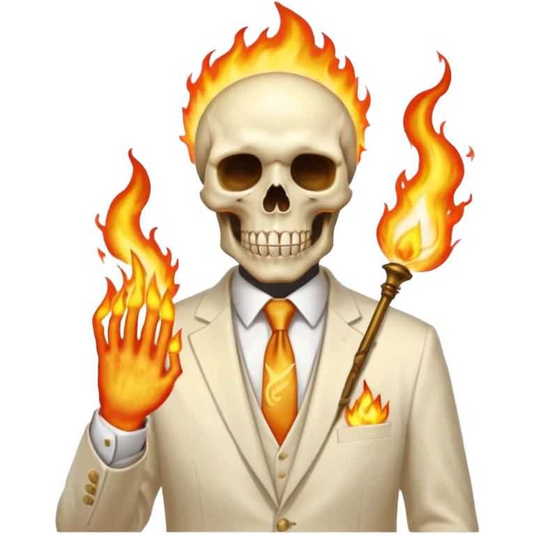 aesthetic shiny glowing divine lighting - Megadeth icon - a politician in an ivory ethereal suit wears a white tie, has a skull instead of a head, and instead of glasses, burrning in flame emoji