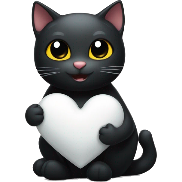 the black cat smiles sweetly and holds a white heart near its belly and hugs it emoji