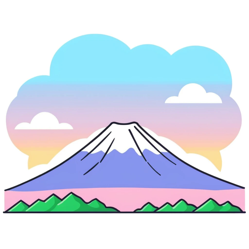 Mount Fuji, snow-capped mountain peak with colorful clouds emoji