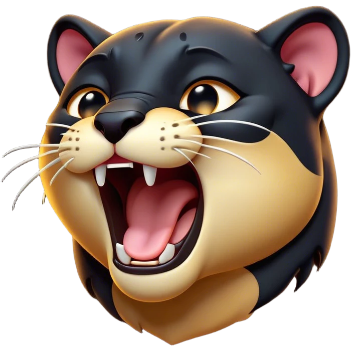 Cinematic Cute Yawning Panther Portrait Emoji, Head tilted slightly with a dramatic, wide-open yawn, showcasing a sleek, shadowy form with drowsy, half-closed eyes and a relaxed, open expression, Simplified yet irresistibly adorable features, highly detailed, glowing with a soft, cozy dark glow, high shine, relaxed yet expressive, stylized with a dash of whimsical elegance, soft glowing outline, capturing the essence of a drowsy yet affectionate jungle guardian that appears ready to stretch out for a nap! emoji