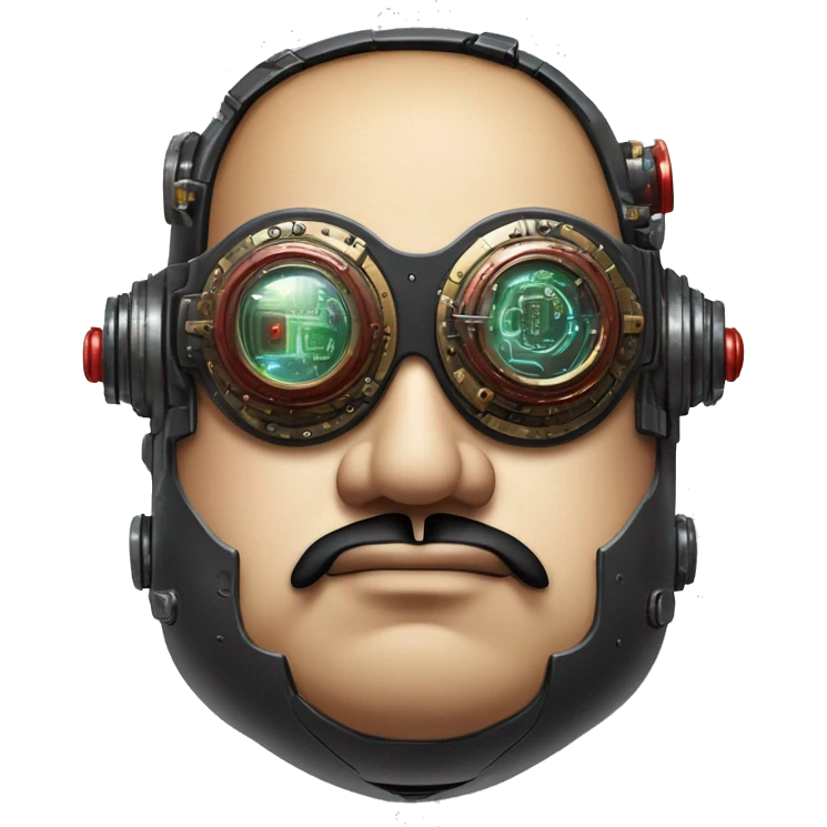 Fat cyborg head with red steampunk goggles, black goatee and circuits emoji