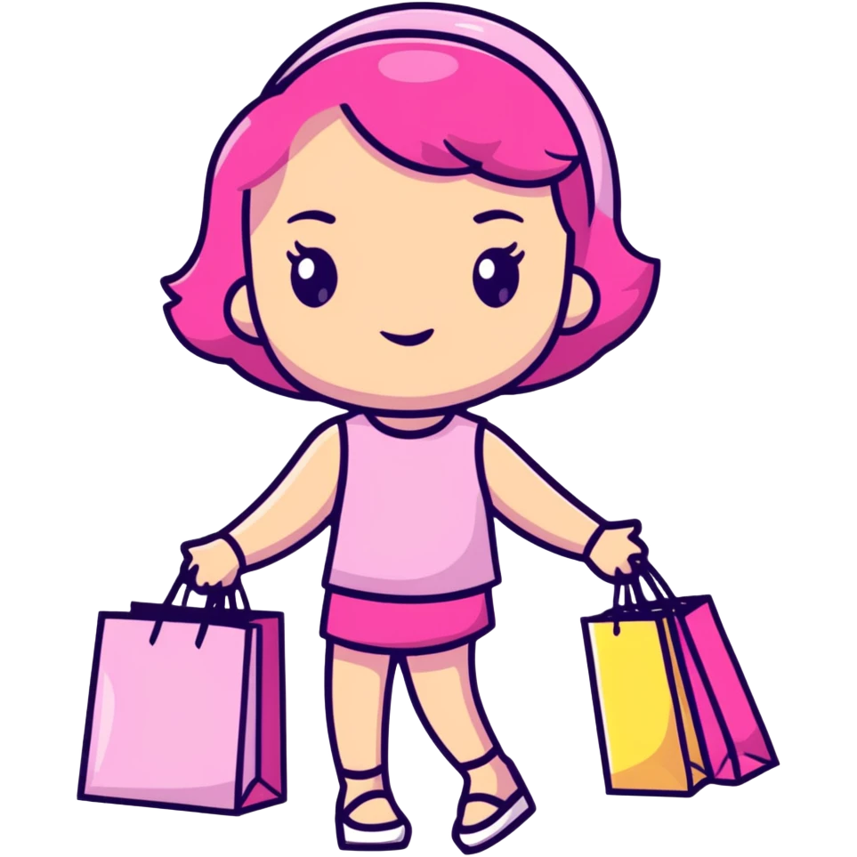 Fashionable girly girl with sparkles, pink accessories, and shopping bags emoji