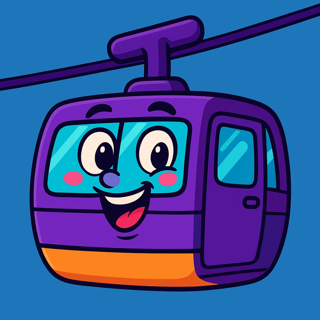 Make the purple cable car more detailed with expressive and playful cartoon features, including visible windows and cables, emphasizing a fun and lively toon style. emoji