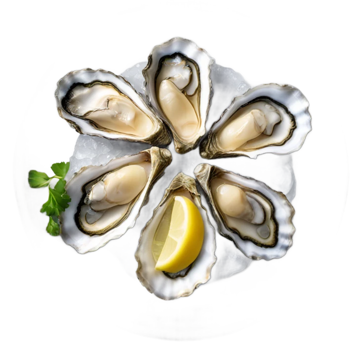 12 oysters on the round silver plate with 2 slices of lemon emoji