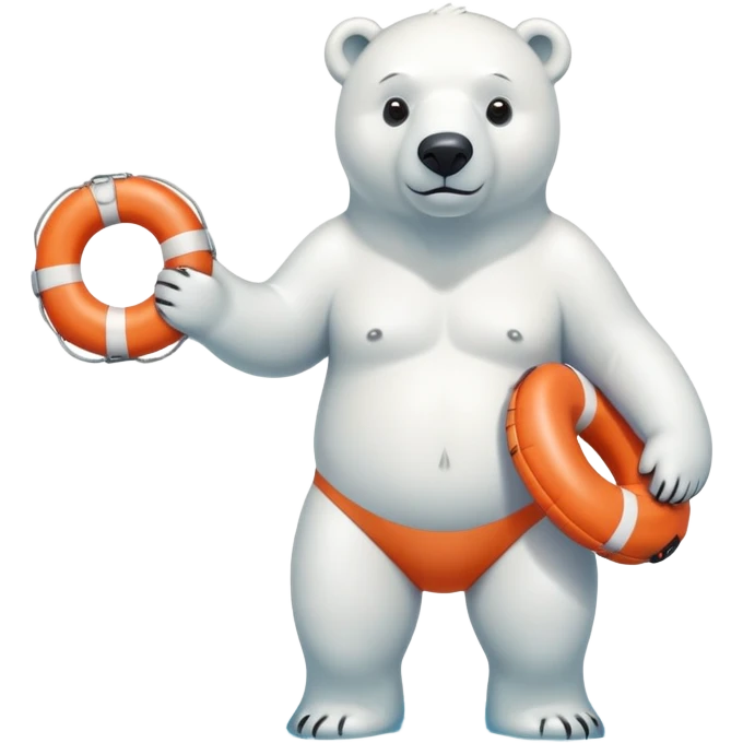 full body friendly anthropomorphised polar bear wearing swim shorts and swim goggles, standing in water, holding a life buoy emoji