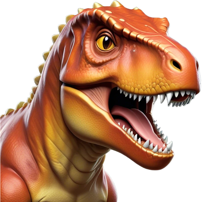 Cinematic Noble T-rex Portrait Emoji, Poised and commanding, with a massive, powerful head, a robust, muscular body, tiny, determined arms, and a fearsome yet noble gaze, Simplified yet sharply defined features, highly detailed, glowing with a cool, primal radiance, high shine, intelligent and formidable, stylized with an air of ancient predatory authority, focused and vigilant, soft glowing outline, capturing the essence of a watchful and confident T-rex that appears ready to roar out of the screen with effortless might! emoji