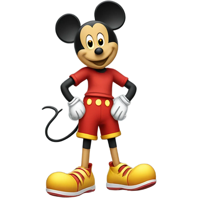 Mickey Mouse wearing red shorts and big yellow shoes, smiling happily. emoji