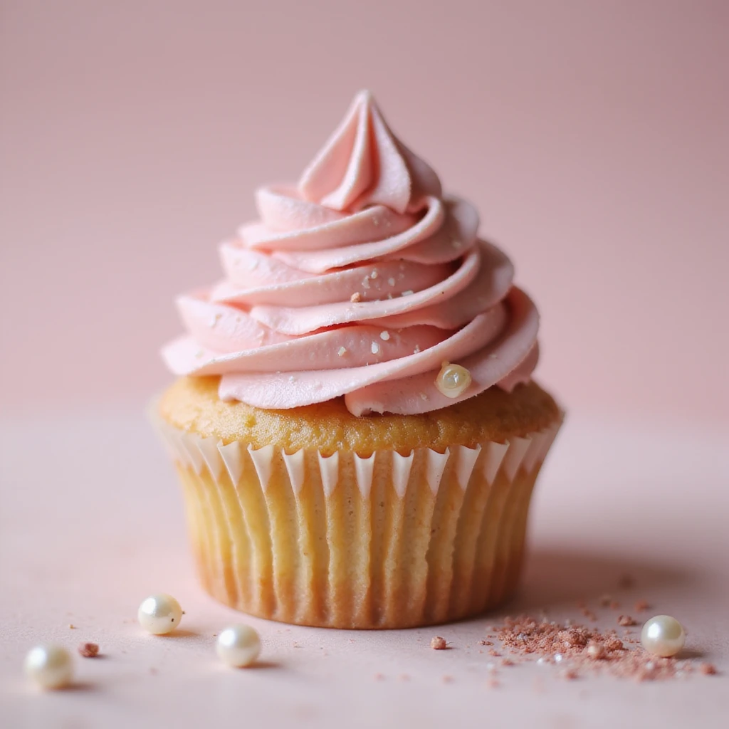 realistic cupcake with pink icing, photorealistic style, detailed texture, soft lighting, with small decorative accessories like pearls and edible glitter emoji