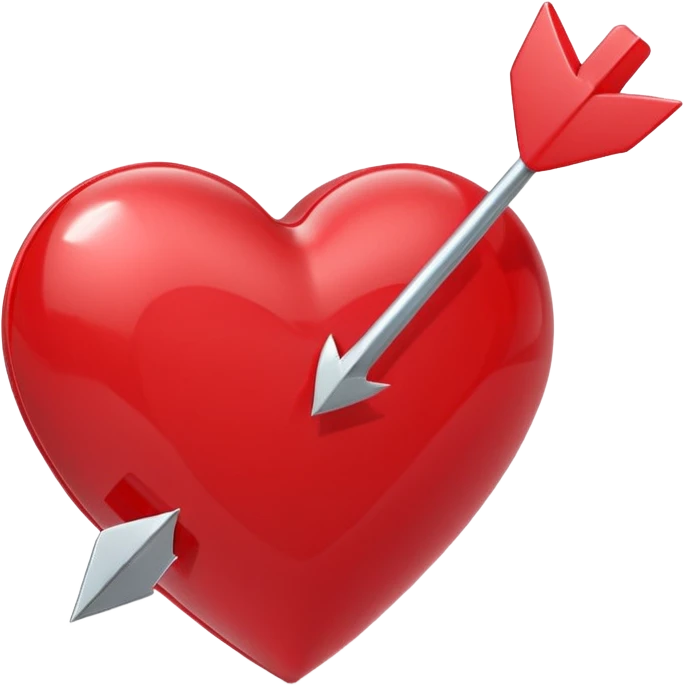 Apple-style 3D illustration of a glossy red heart pierced by a horizontal double-ended arrow. One end of the arrow has a small female symbol, the other end has a small male symbol. The heart is centered, shiny, with soft shadows, floating on a clean white background, minimal and emotional design emoji
