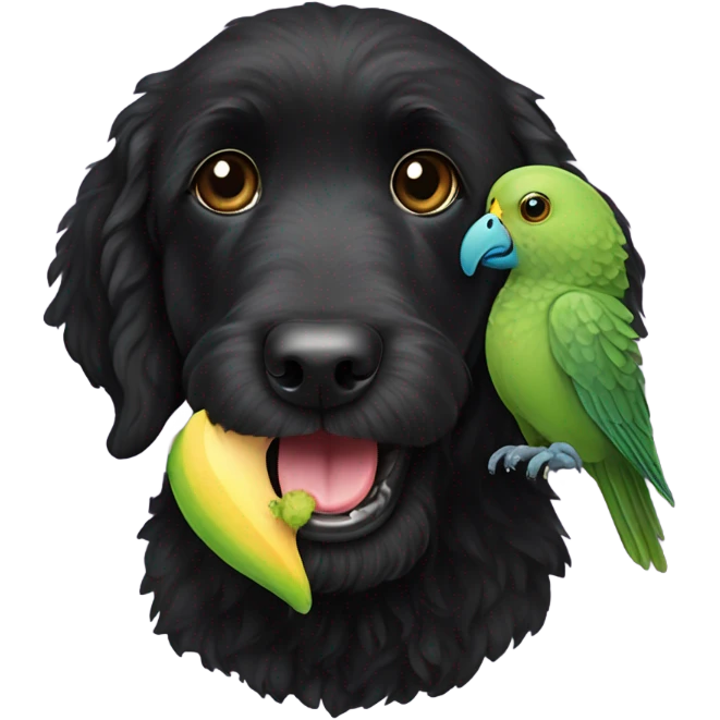 Black labradoodle with parakeet in mouth emoji