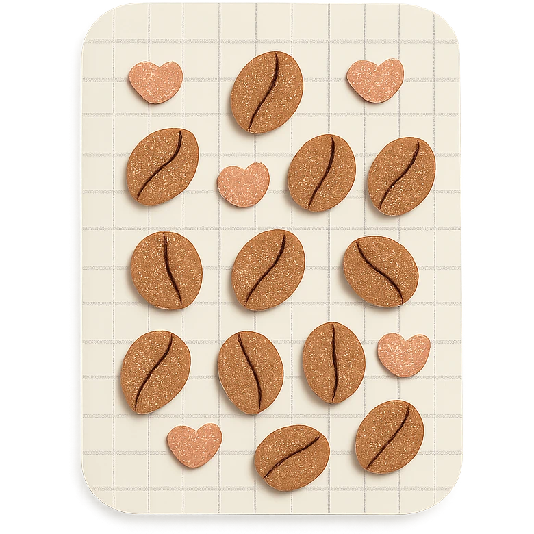 coffee bean pattern grid paper background with small hearts, soft pastel style, transparent background emoji