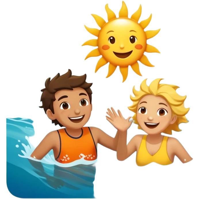 Two friends, as sea explorers, splash each other in the ocean, laughing as their eyes lock in pure joy and appreciation. The sun glistens on the water, highlighting their deep connection and the simple happiness of the moment.  emoji