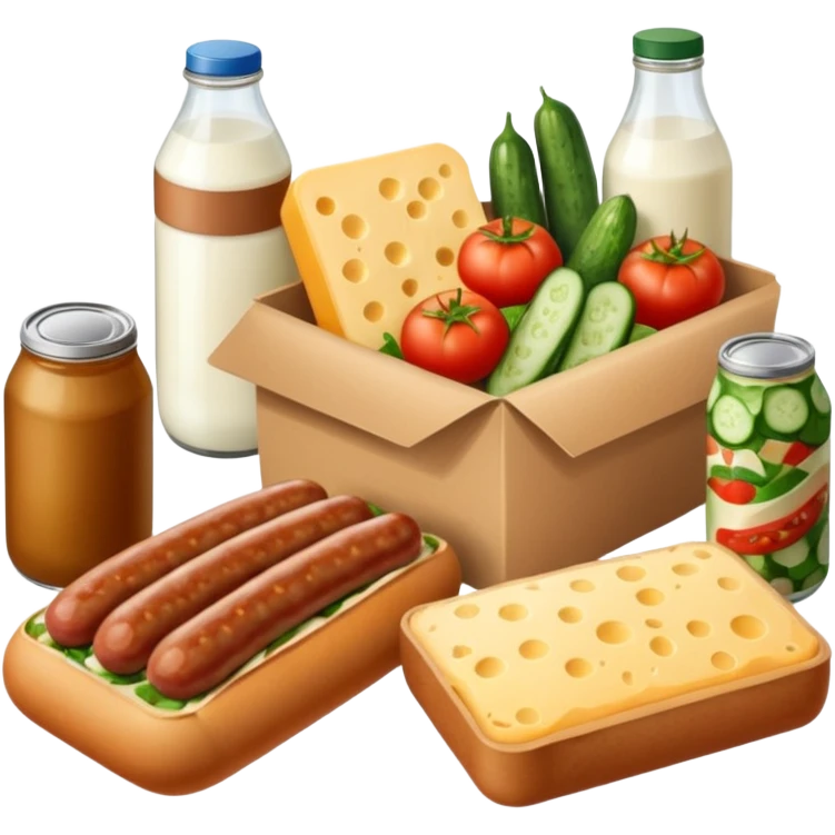 a box of groceries, sausage, cheese, canned meat, herbs, milk, tomatoes, cucumbers, and a loaf of bread emoji