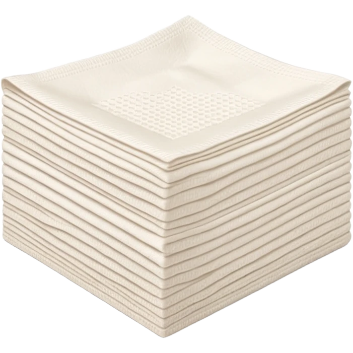 neat stack of soft white paper napkins, square, pronounced textured edges, faint embossed border, top napkin corner lifted, soft lighting, subtle shadows, emoji scale emoji