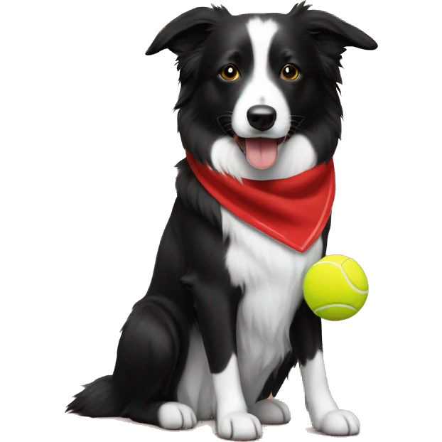 Black with a little white on her short fur border collie dog, red bandana, yellow tennis ball held in mouth emoji