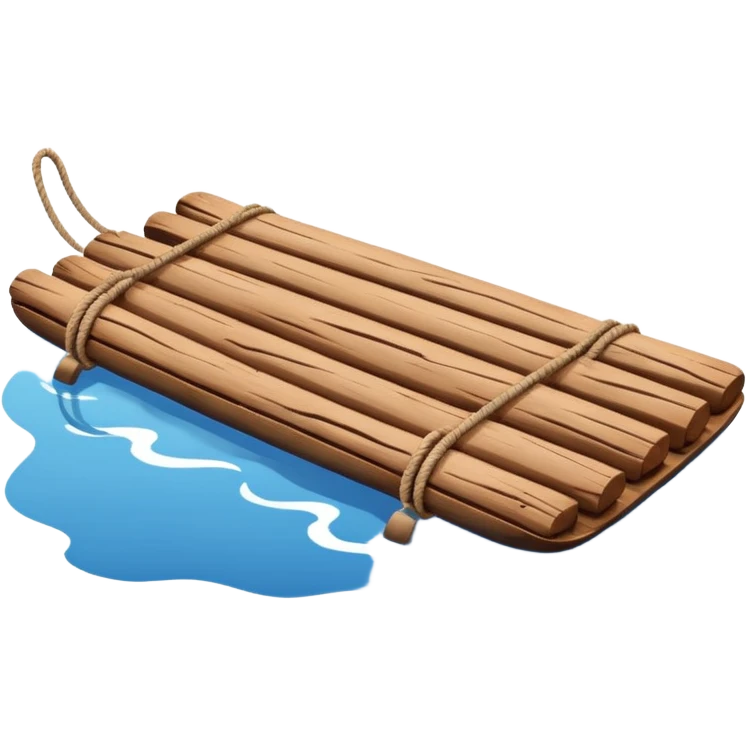 showing a simple wooden raft floating on calm blue water — made of several brown logs tied together with rope — gentle ripples around it — bright, cheerful lighting and soft shadows — minimalist, clean emoji design emoji