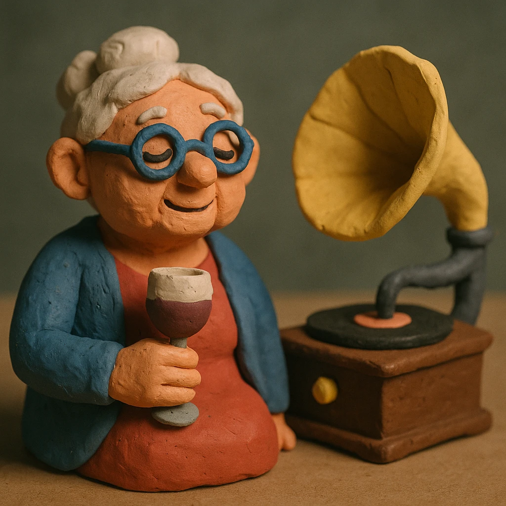 old lady with wineglass listening to gramophone emoji
