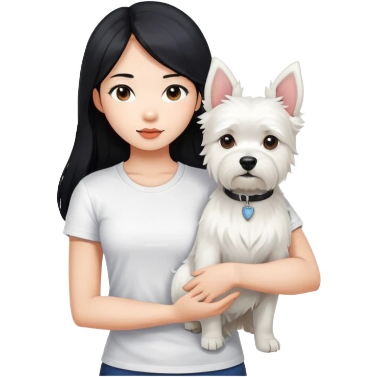 An Asain girl with long black hair to her wearing a white tight tshirt, she is  holding a west highland terrier with big ears  emoji