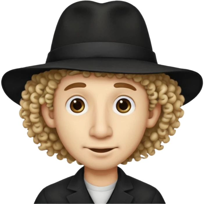A man with a big nose and a black hat like a top hat but round and all black, with a strand of curly hair coming out from both sides of the hat, the strand of hair should be long  emoji