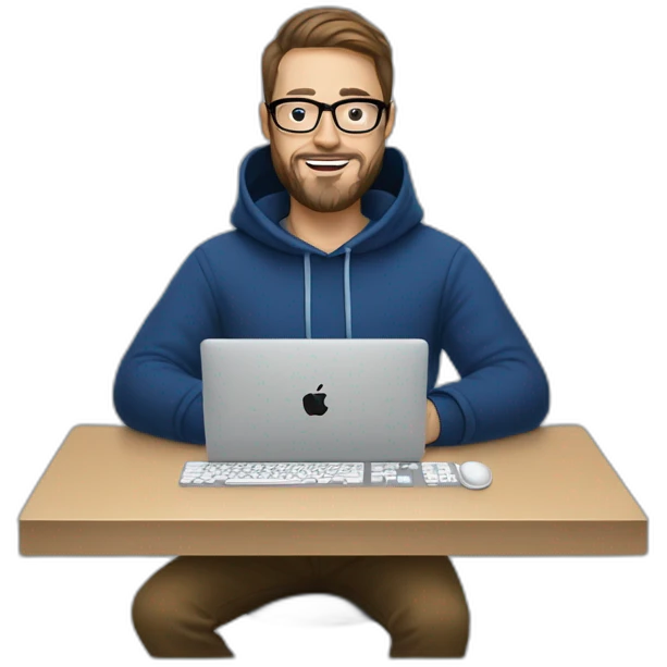 Brown hair white man with a beard and round glasses typing on apple computer wearing a dark blue nike hoodie emoji
