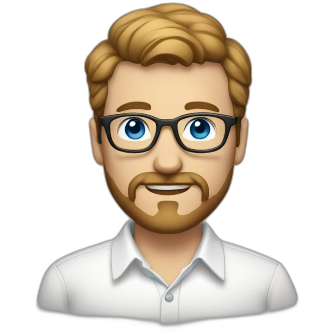 man with short light brown hair, beard and mustache and glasses, blue eyes, white shirt with like emoji