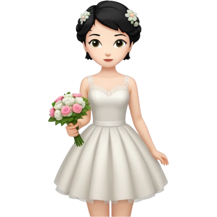 Chica blanca,cuerpo entero, vestido boda corto, pelo negro,   1 ramo de flores , pelo recogido emoji