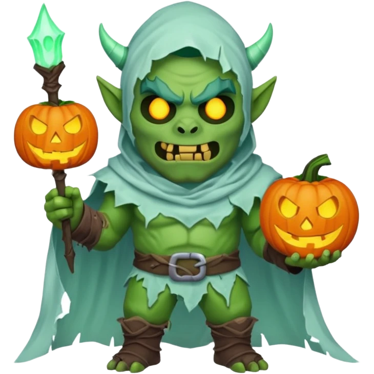male orc warrior ghost emoji, green skin, tusks, wearing torn white ghost sheet costume, holding glowing jack-o'-lantern, faint blue aura, friendly but spooky expression, Halloween fantasy theme, Apple emoji style, clean white background, square emoji
