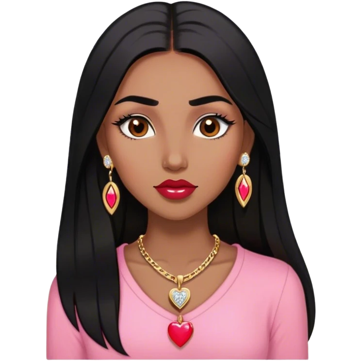 Woman,Medium brown skin,super long black straight hair, medium brown arched eyebrows, full lashes, red nude lips, diamond stud earrings, gold heart locket, pink shirt emoji
