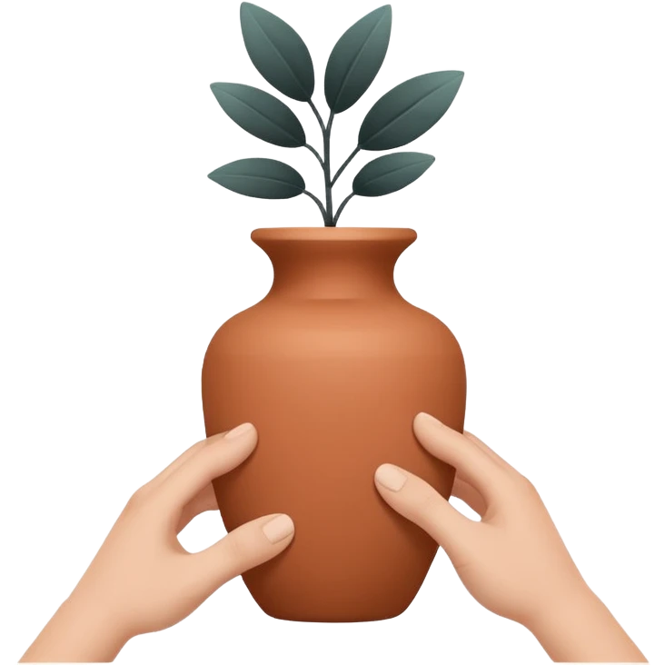 Minimalistic flat vector icon, iOS style, thin black contour on white background. Hands shaping a small clay vase. Clean, no text, no shadow emoji