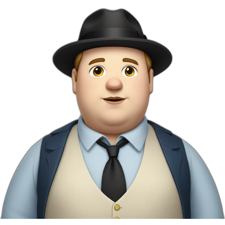 young fat white man wearing a black trilby and a blue waistcoat. no tie and brown hair emoji