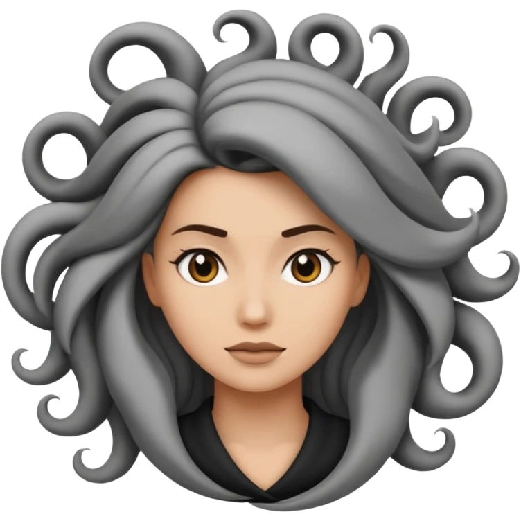 Minimalist emoji-style sticker of a woman’s head in profile, her hair spiraling into a vortex shape. Desaturated black and gray tones, emoji proportions.
 emoji