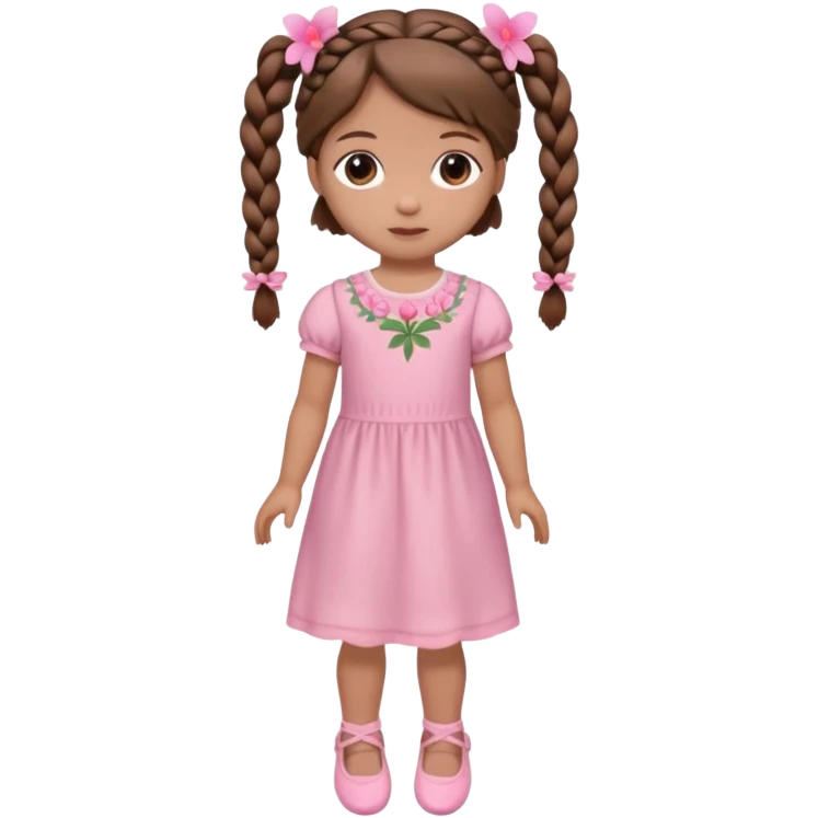 Boneca muito baixa e pequena de cabelo castanho com 2 tranças e uma flor rosa do lado esquerdo usado um vestido rosa claro e sapatinhos rosa emoji