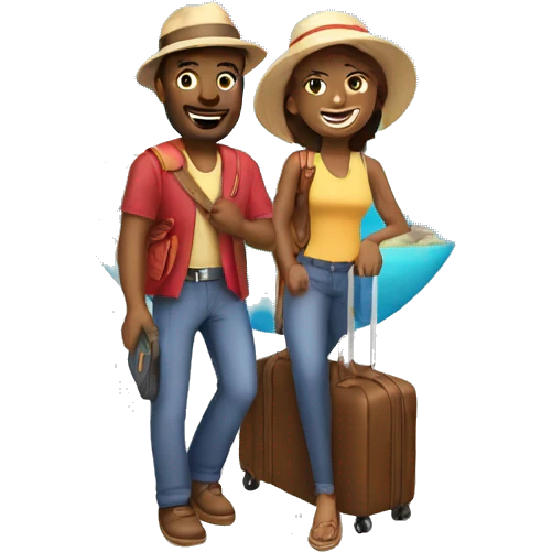 two people one male and one female excited of going on a vacation and thinking of different modes of travel and tickets emoji