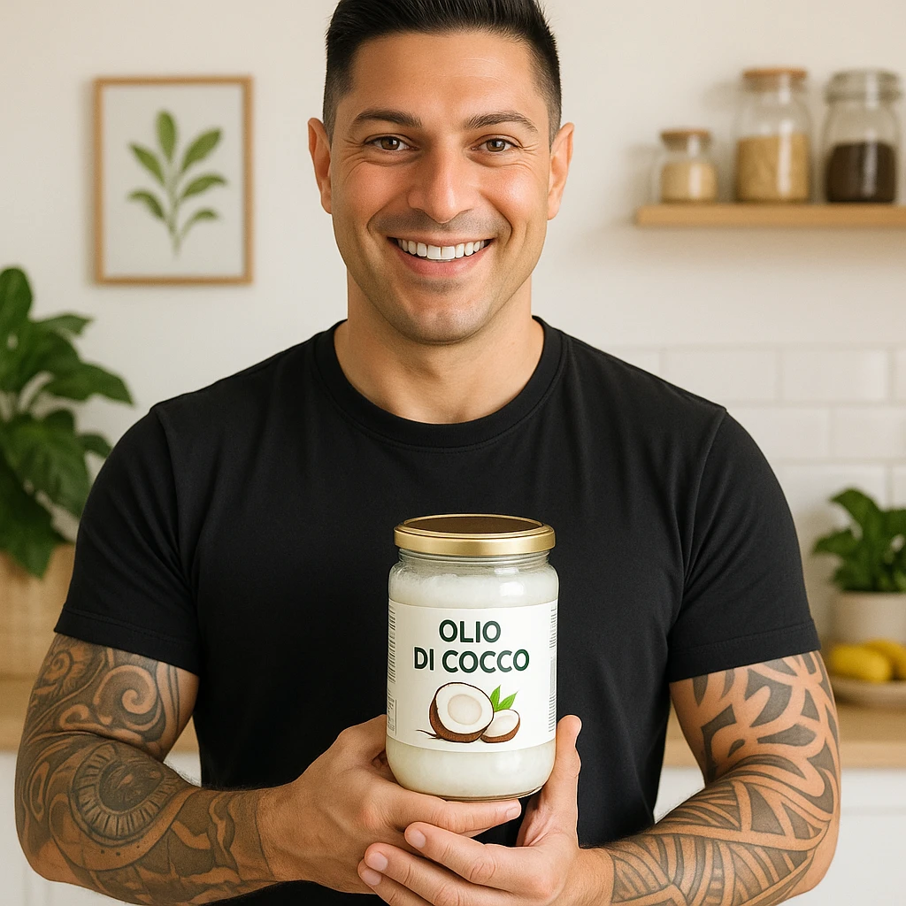 Create a realistic scene featuring a man with facial features and expression similar to the person in the reference photo. The man is smiling happily and holding a bottle labeled 'Olio di cocco'. The atmosphere is bright, positive, educational, and respectful, emphasizing the natural and beneficial qualities of the product. emoji