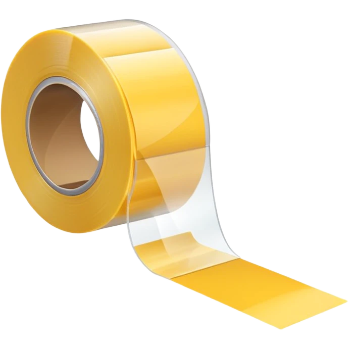small roll of clear adhesive tape with glossy finish on simple white plastic dispenser with curved cutting edge, roll partially used with strip slightly lifted and curved, no box or extras, apple emoji style, soft lighting, subtle shadows, transparent background, emoji scale emoji