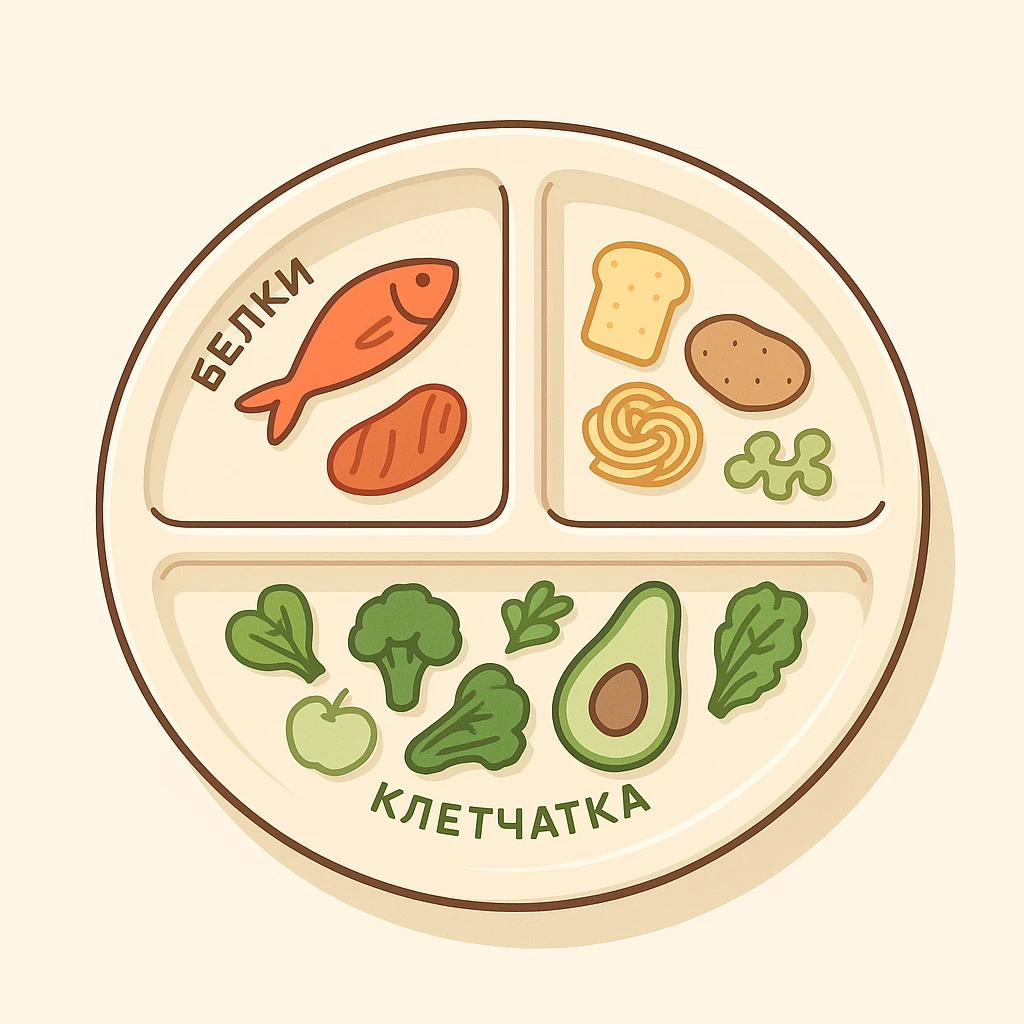 Move the labels 'клетчатка', 'белки', 'углеводы' inside their respective sections along the contour of the plate rim. Use 2d isometric style with shadows and highlights. Color separation for sections: белки with fish, клетчатка with greens or vegetables, углеводы with garnish. No hand visible, clean background. emoji