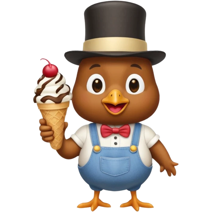 chicken wearing overalls and a top hat, holding an ice cream sundae emoji
