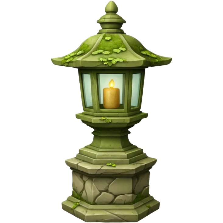Stone Lantern – Carved lantern on pedestal, moss-covered. emoji