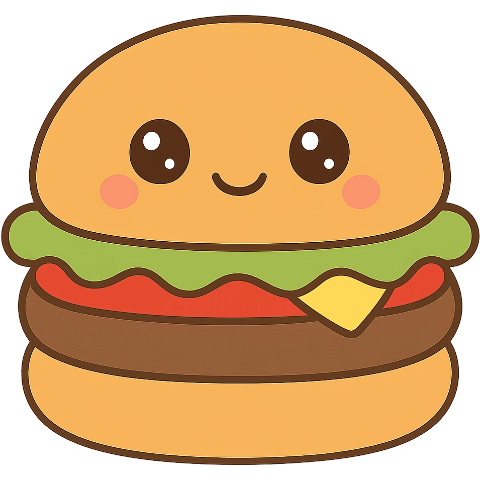 Adjust the colors of the plush kawaii squishmallow burger to look like a real burger: golden brown bun, green lettuce, red tomato, yellow cheese, and brown patty. Keep the plush kawaii squishmallow style with no background. emoji