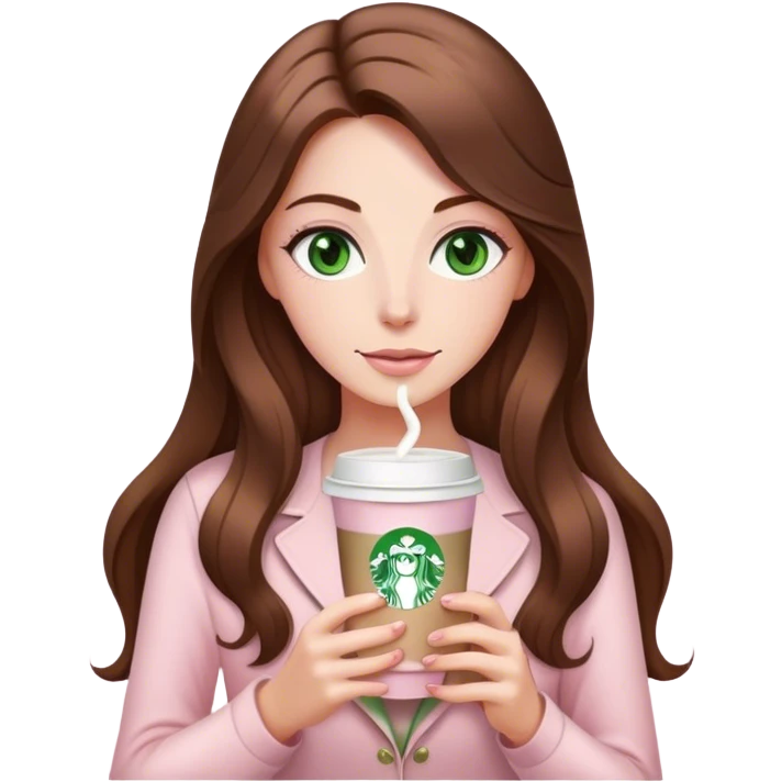 pretty woman with very long brown hair and green eyes and light pink outfit with a latte emoji