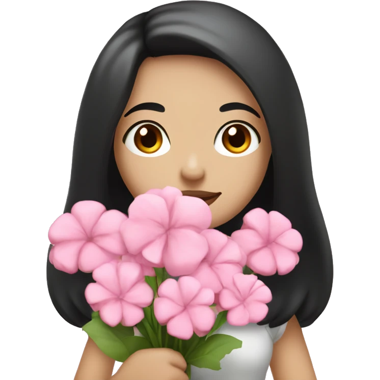 Pale girl with black hair and brown eyes and pink lips carrying a pink flower bouquet and has a friendly face  emoji