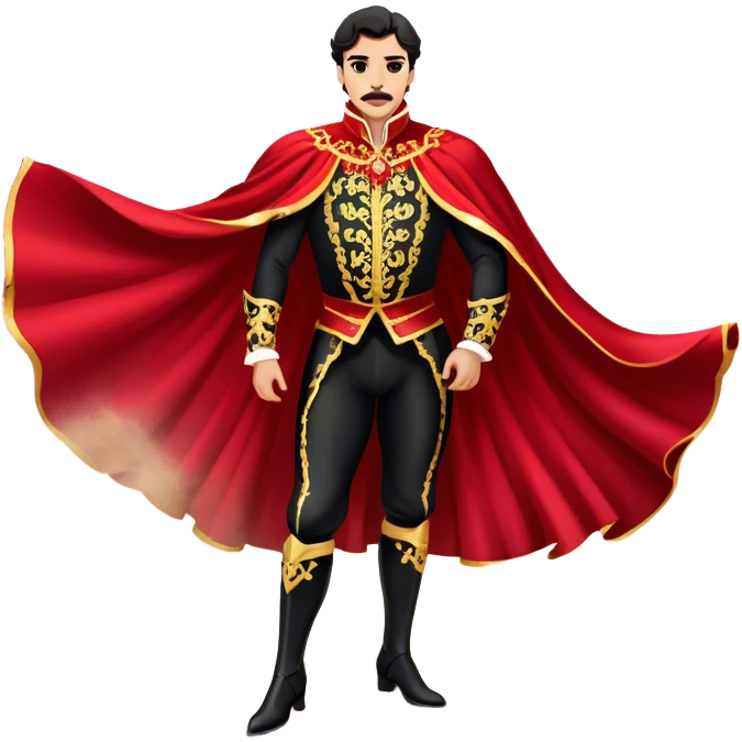 Spanish Matador – Cinematic Realistic Spanish Matador, portrayed in an ornate traje de luces with a flowing red cape, standing poised in a classic bullring with swirling dust and dramatic light, his intense expression and elegant stance capturing both bravery and artistry. emoji
