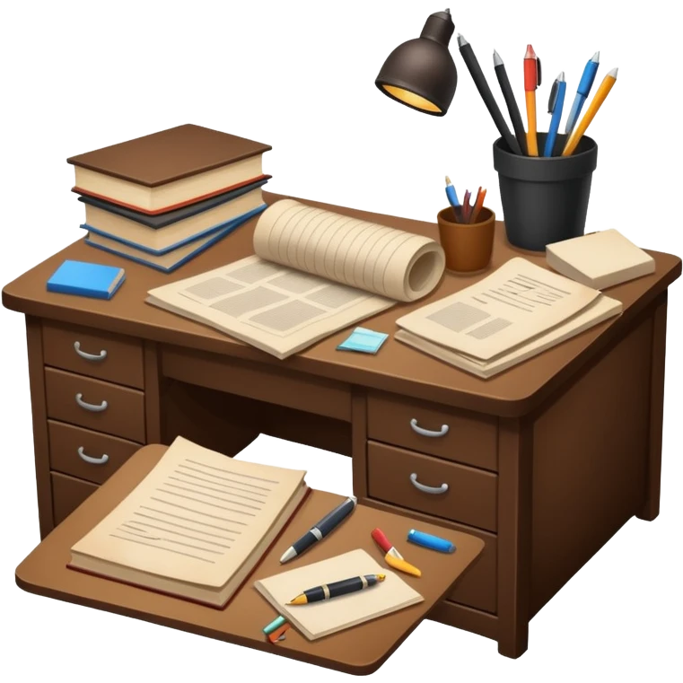 Messy Desk with books and pens emoji