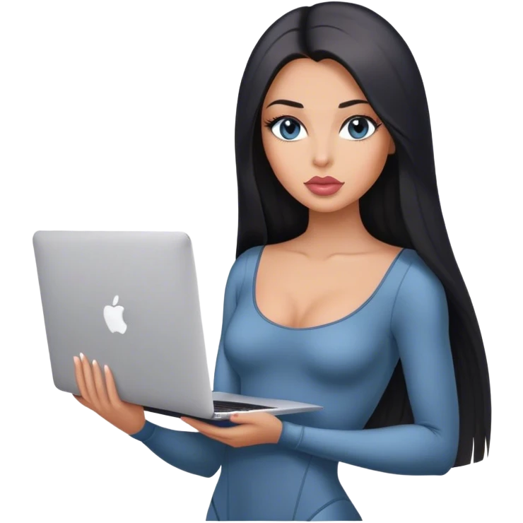Glamours, tanned, very beautiful girl, with big pump peach-beige-rose lips, black straight smooth silky long hair, straight parting, blue-grey eyes, in bodysuit holding MacBook emoji
